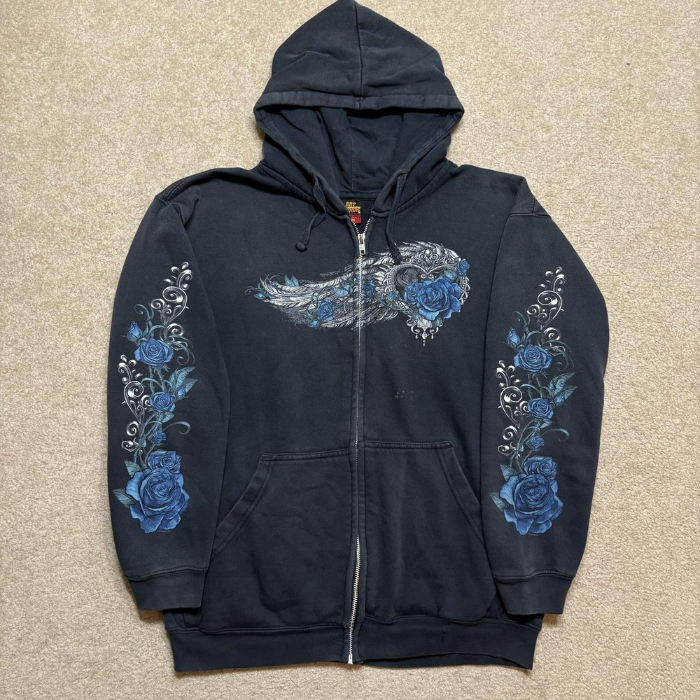 Y2K Zip Up Hoodie Sweatshirt Womens Medium Black Rose Asphalt Angel Wings Grunge